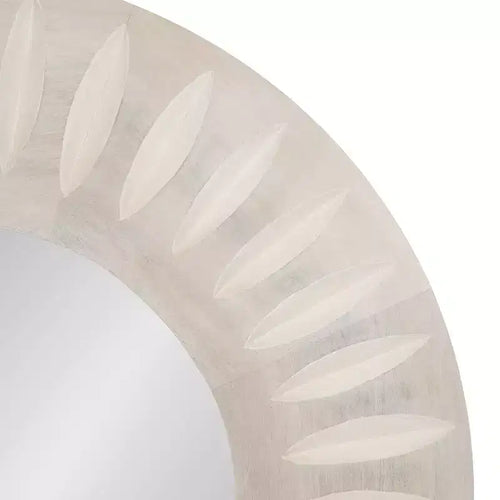 Miroir mural soleil rond 26", Cadre en bois de manguier sculpté à la main, Blanc vieilli, Accroches en D incluses