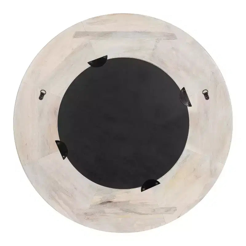 Miroir mural soleil rond 26", Cadre en bois de manguier sculpté à la main, Blanc vieilli, Accroches en D incluses
