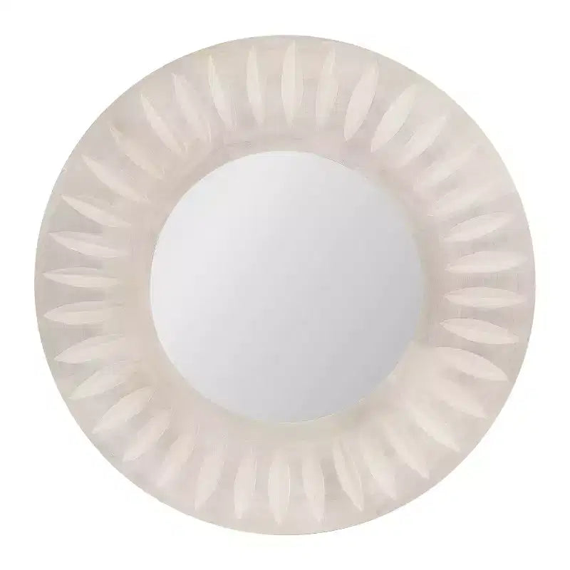 Miroir mural soleil rond 26", Cadre en bois de manguier sculpté à la main, Blanc vieilli, Accroches en D incluses