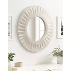 Miroir mural soleil rond 26", Cadre en bois de manguier sculpté à la main, Blanc vieilli, Accroches en D incluses