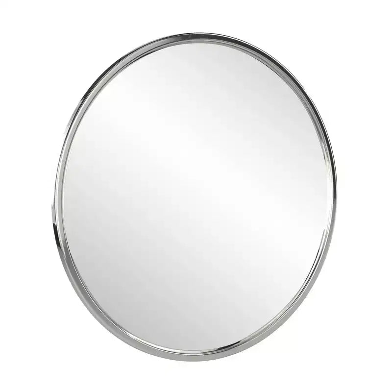 Miroir Mural Rond de 34", Cadre Fin en Acier Inoxydable, Argent Brillant, Anneaux en D Préinstallés, Prêt à Accrocher