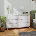Commode double 6 tiroirs avec façades cannelées, poignées dorées et cinq pieds en bois, blanche, 54W