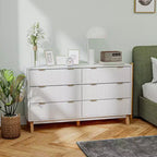 Commode double 6 tiroirs avec façades cannelées, poignées dorées et cinq pieds en bois, blanche, 54W