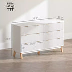 Commode double 6 tiroirs avec façades cannelées, poignées dorées et cinq pieds en bois, blanche, 54W