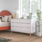 Commode double 6 tiroirs avec façades cannelées, poignées dorées et cinq pieds en bois, blanche, 54W