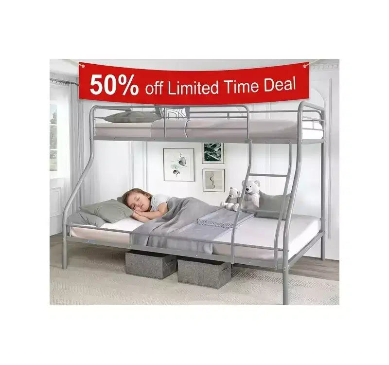 Lit superposé en métal une place au-dessus d'un lit deux places, barrières de sécurité, échelle inclinée, rangement sous le lit de 27,4 cm, capacité de 227/136 kg