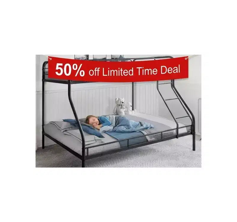 Lit superposé en métal une place au-dessus d'un lit deux places, barrières de sécurité, échelle inclinée, rangement sous le lit de 27,4 cm, capacité de 227/136 kg