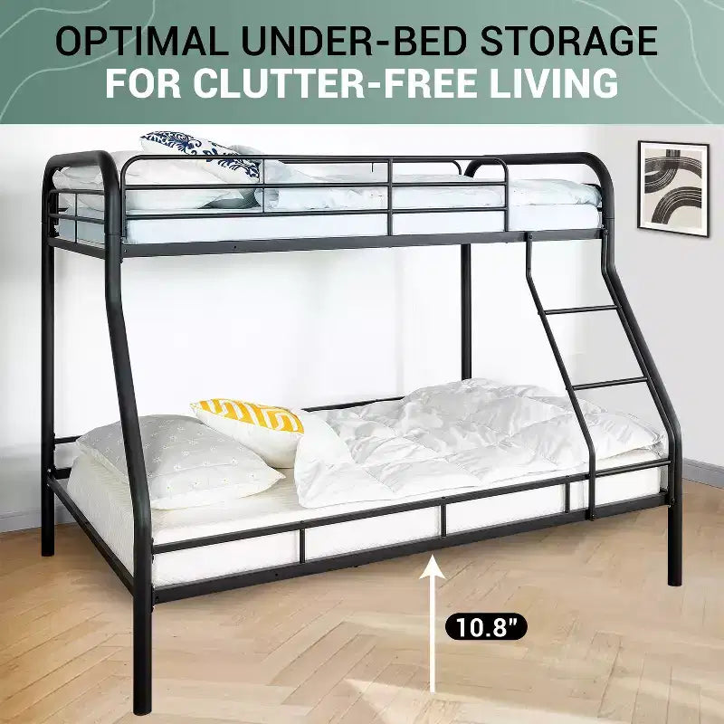 Lit superposé en métal une place au-dessus d'un lit deux places, barrières de sécurité, échelle inclinée, rangement sous le lit de 27,4 cm, capacité de 227/136 kg