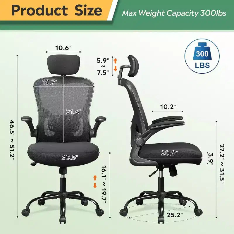 Fauteuil de bureau ergonomique à dossier haut en maille, accoudoirs relevables, hauteur réglable, soutien lombaire, capacité de 136 kg, noir