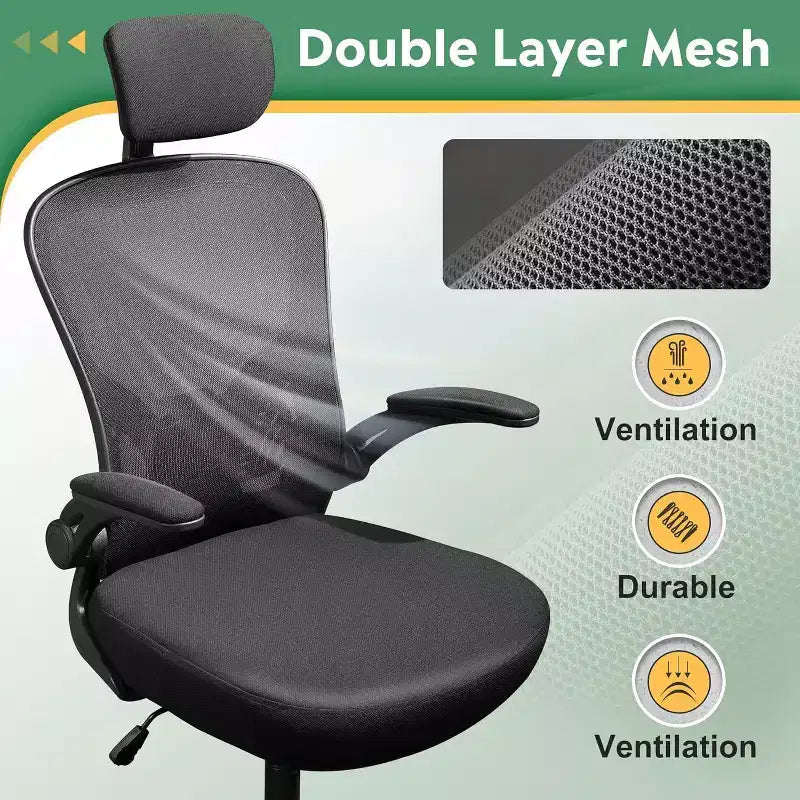 Fauteuil de bureau ergonomique à dossier haut en maille, accoudoirs relevables, hauteur réglable, soutien lombaire, capacité de 136 kg, noir