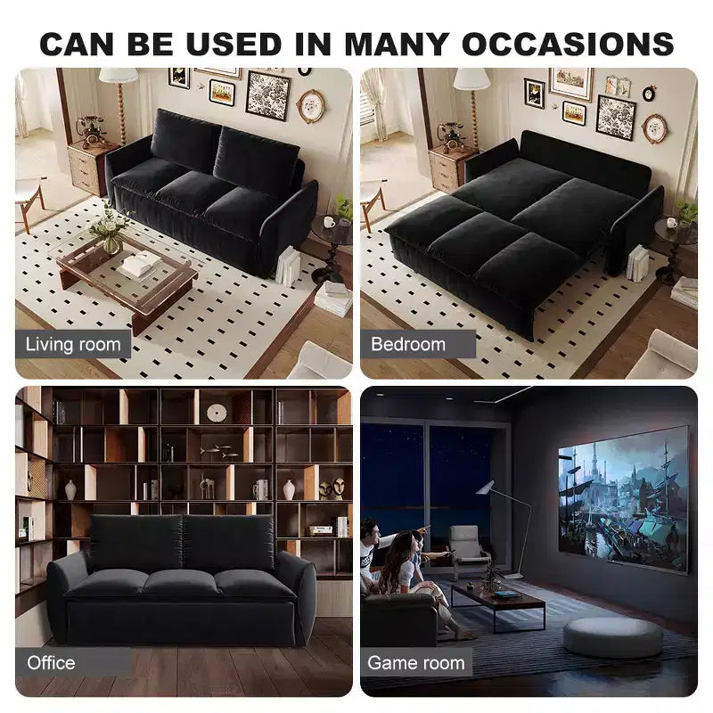 Canapé-lit convertible, velours 3 places 180 cm, couchage pleine taille, mousse haute densité, cadre en fer et bois, 2 oreillers