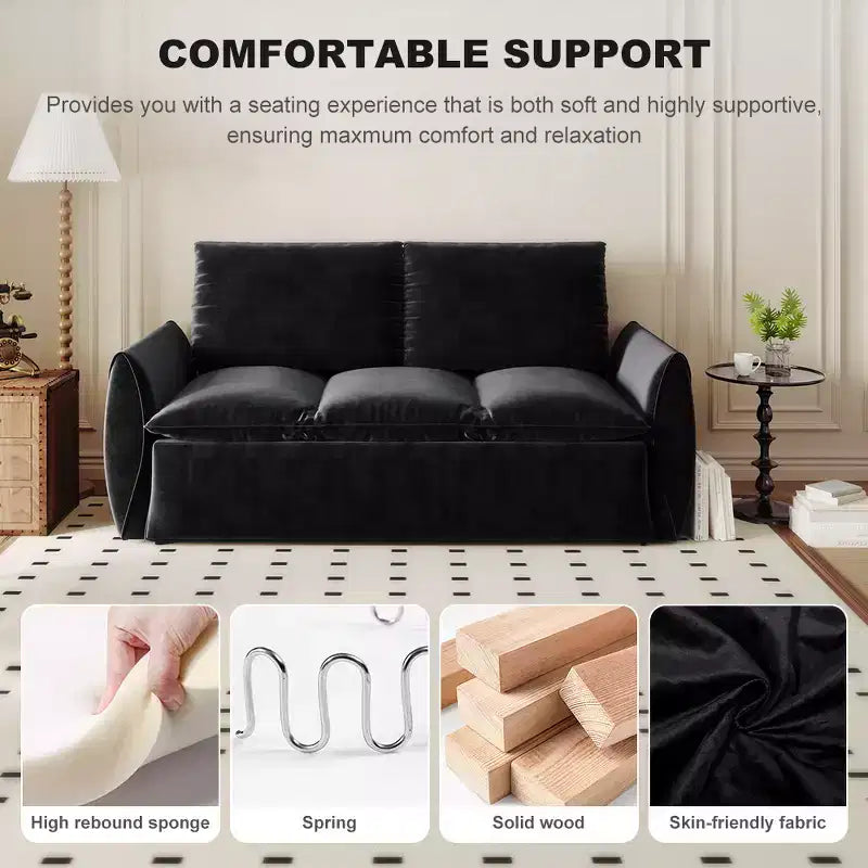 Canapé-lit convertible, velours 3 places 180 cm, couchage pleine taille, mousse haute densité, cadre en fer et bois, 2 oreillers