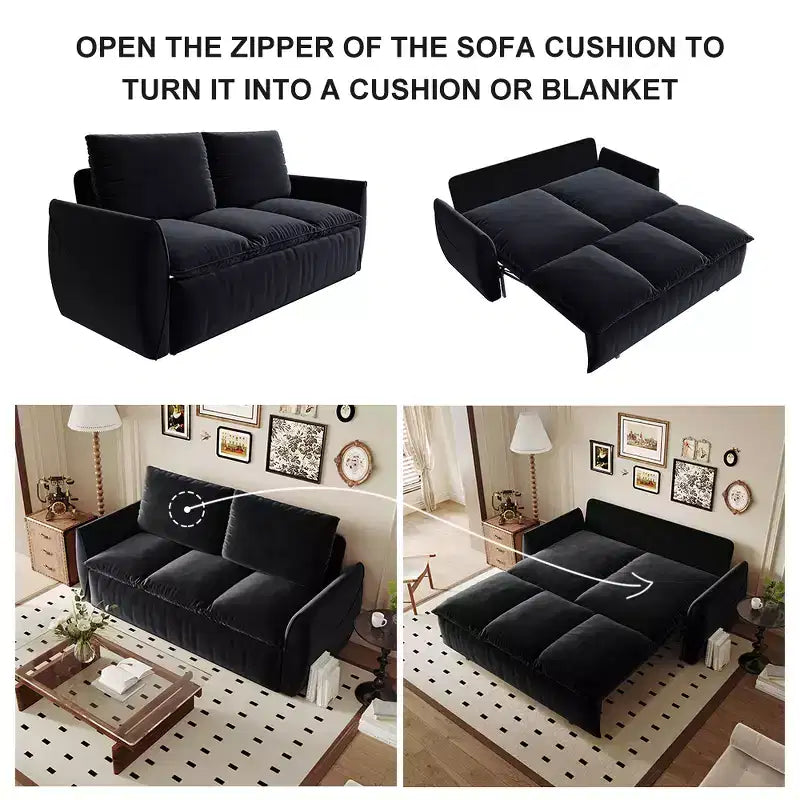 Canapé-lit convertible, velours 3 places 180 cm, couchage pleine taille, mousse haute densité, cadre en fer et bois, 2 oreillers