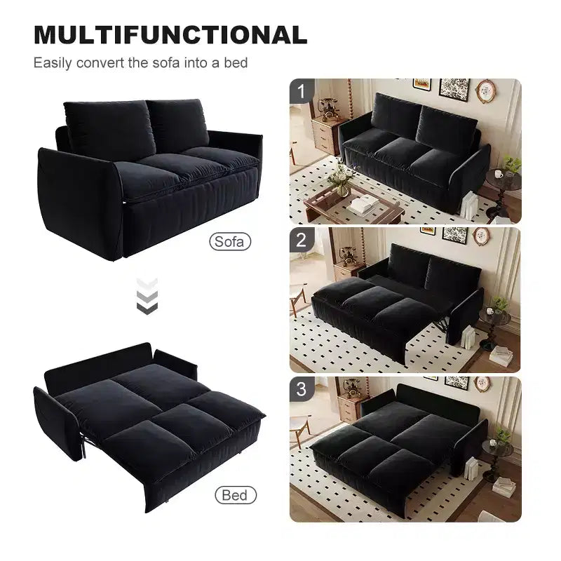 Canapé-lit convertible, velours 3 places 180 cm, couchage pleine taille, mousse haute densité, cadre en fer et bois, 2 oreillers
