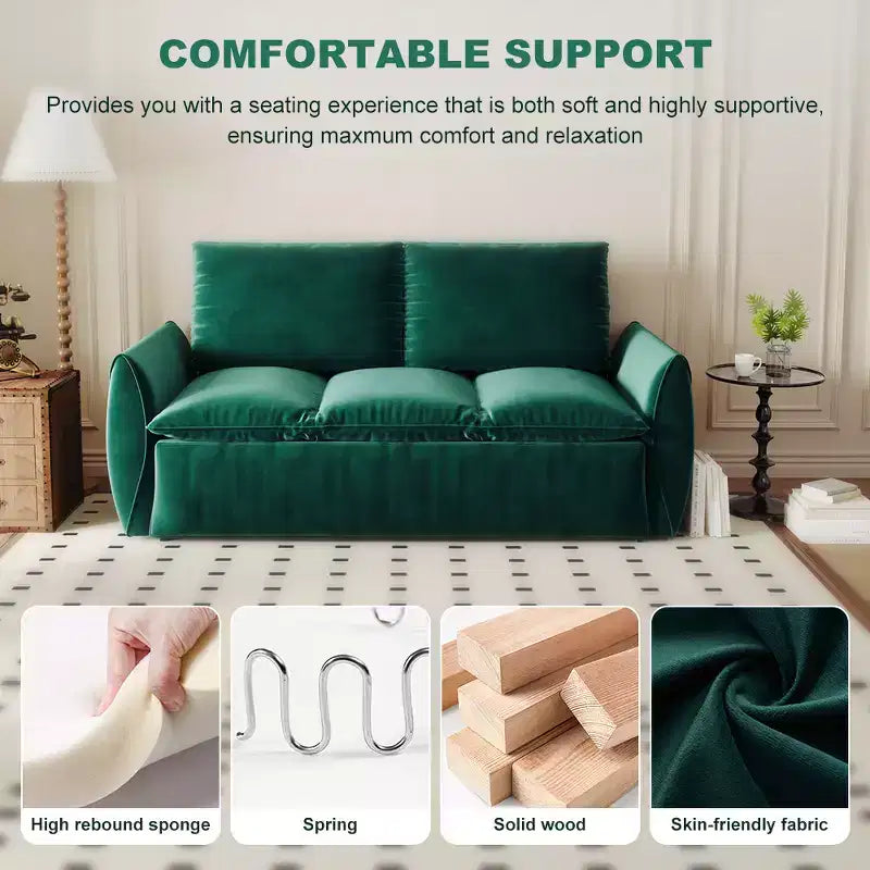 Canapé-lit convertible, velours 3 places 180 cm, couchage pleine taille, mousse haute densité, cadre en fer et bois, 2 oreillers