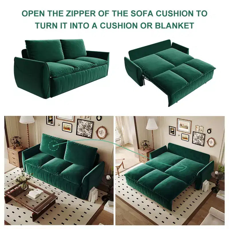 Canapé-lit convertible, velours 3 places 180 cm, couchage pleine taille, mousse haute densité, cadre en fer et bois, 2 oreillers