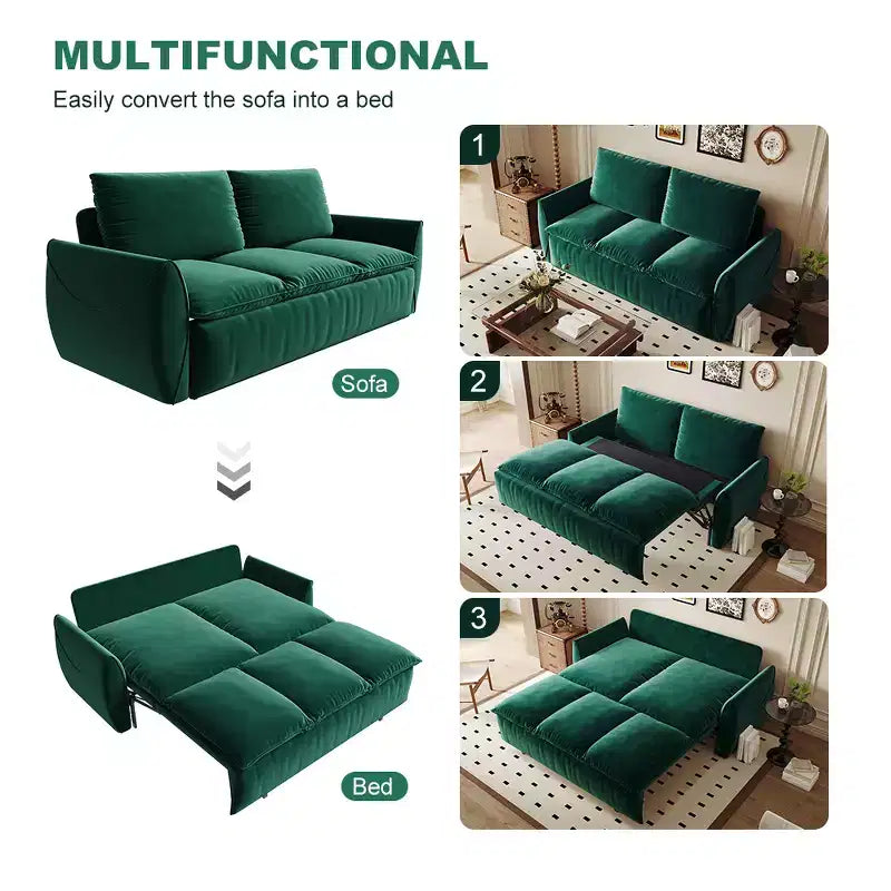 Canapé-lit convertible, velours 3 places 180 cm, couchage pleine taille, mousse haute densité, cadre en fer et bois, 2 oreillers