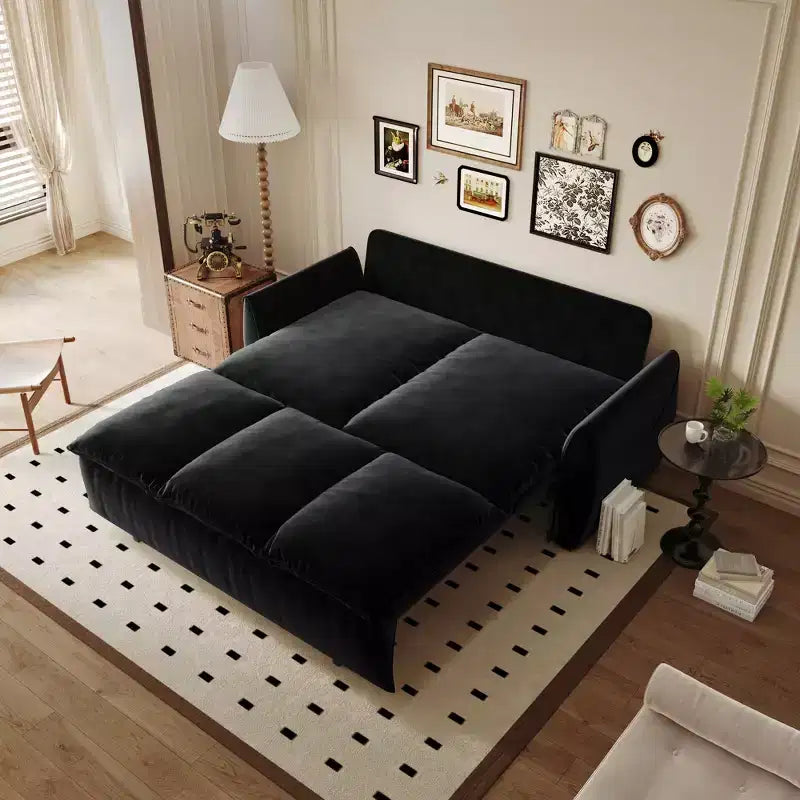 Canapé-lit convertible, velours 3 places 180 cm, couchage pleine taille, mousse haute densité, cadre en fer et bois, 2 oreillers