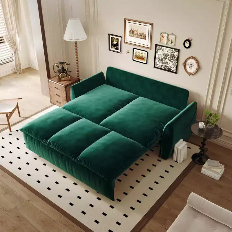 Canapé-lit convertible, velours 3 places 180 cm, couchage pleine taille, mousse haute densité, cadre en fer et bois, 2 oreillers