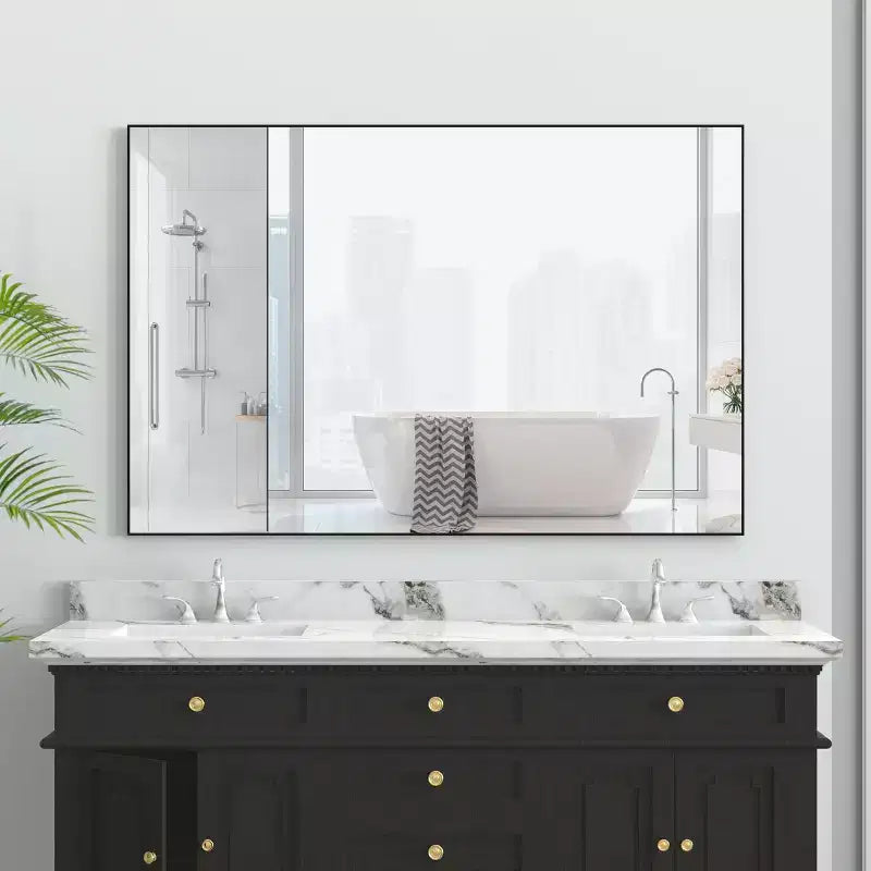 Grand miroir mural 60x49", cadre en aluminium, plateau amovible, montage vertical/horizontal, noir