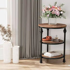 Table d'appoint ronde à 3 niveaux, cadre en bois dur et métal, patins réglables, 46 cm de diamètre, style industriel