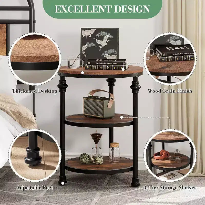 Table d'appoint ronde à 3 niveaux, cadre en bois dur et métal, patins réglables, 46 cm de diamètre, style industriel