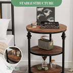 Table d'appoint ronde à 3 niveaux, cadre en bois dur et métal, patins réglables, 46 cm de diamètre, style industriel