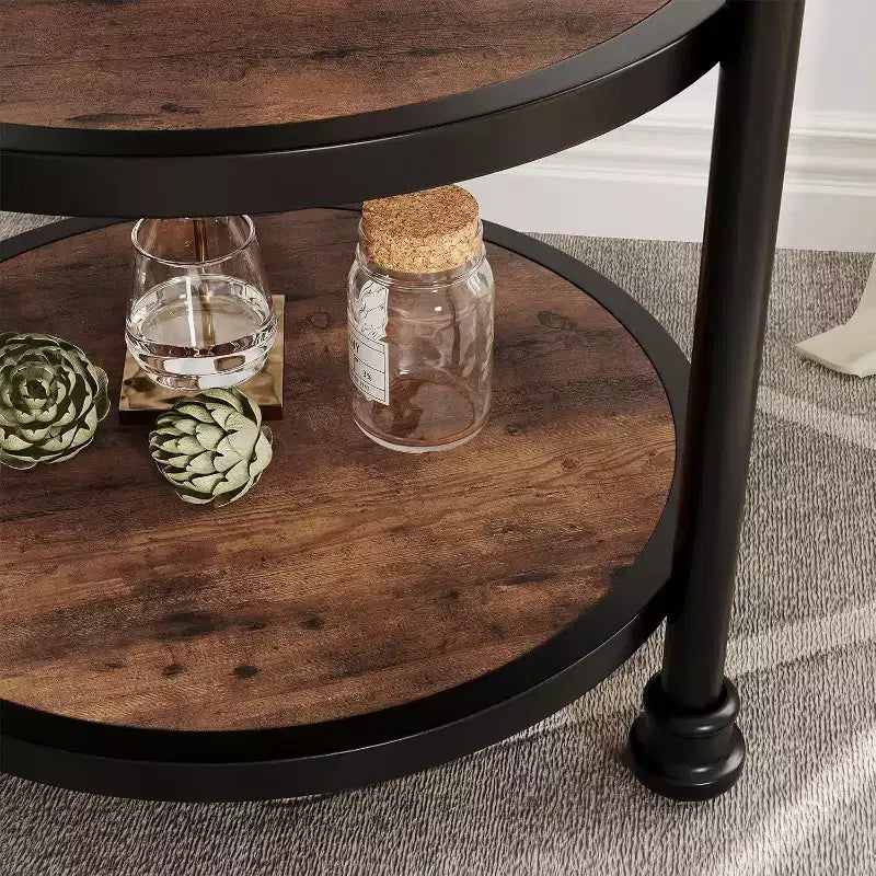 Table d'appoint ronde à 3 niveaux, cadre en bois dur et métal, patins réglables, 46 cm de diamètre, style industriel