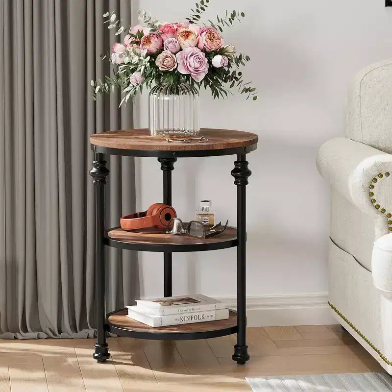 Table d'appoint ronde à 3 niveaux, cadre en bois dur et métal, patins réglables, 46 cm de diamètre, style industriel