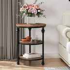 Table d'appoint ronde à 3 niveaux, cadre en bois dur et métal, patins réglables, 46 cm de diamètre, style industriel