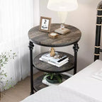 Table d'appoint ronde à 3 niveaux, cadre en bois dur et métal, patins réglables, 46 cm de diamètre, style industriel
