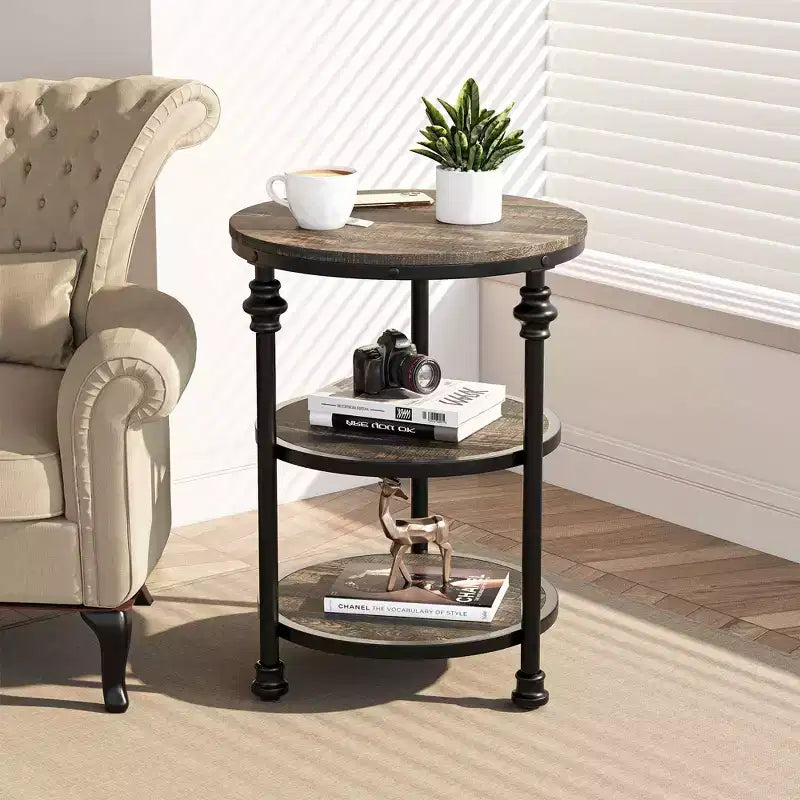 Table d'appoint ronde à 3 niveaux, cadre en bois dur et métal, patins réglables, 46 cm de diamètre, style industriel