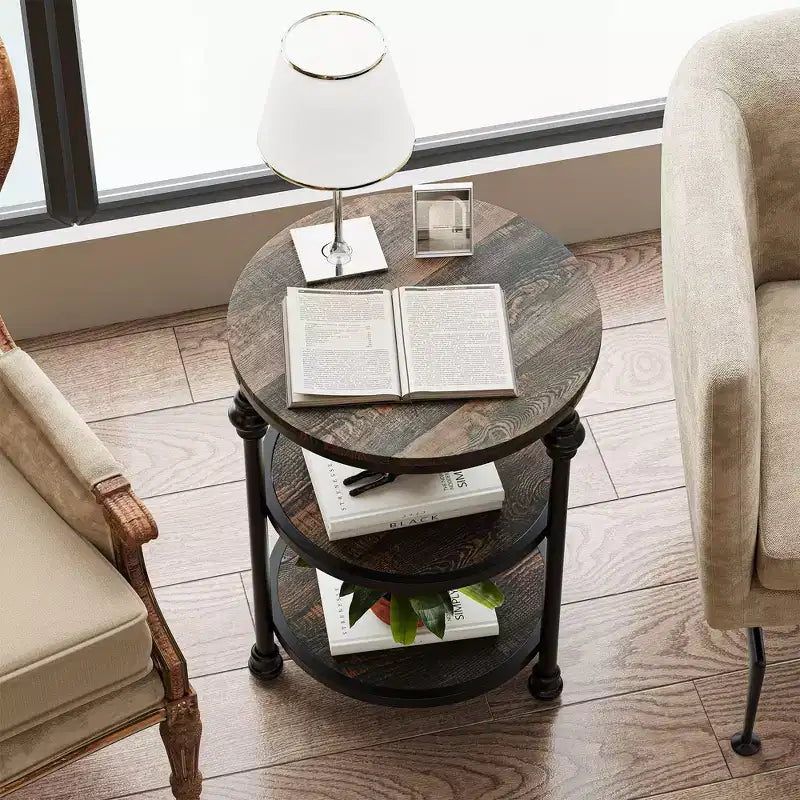 Table d'appoint ronde à 3 niveaux, cadre en bois dur et métal, patins réglables, 46 cm de diamètre, style industriel