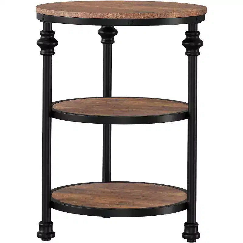 Table d'appoint ronde à 3 niveaux, cadre en bois dur et métal, patins réglables, 46 cm de diamètre, style industriel