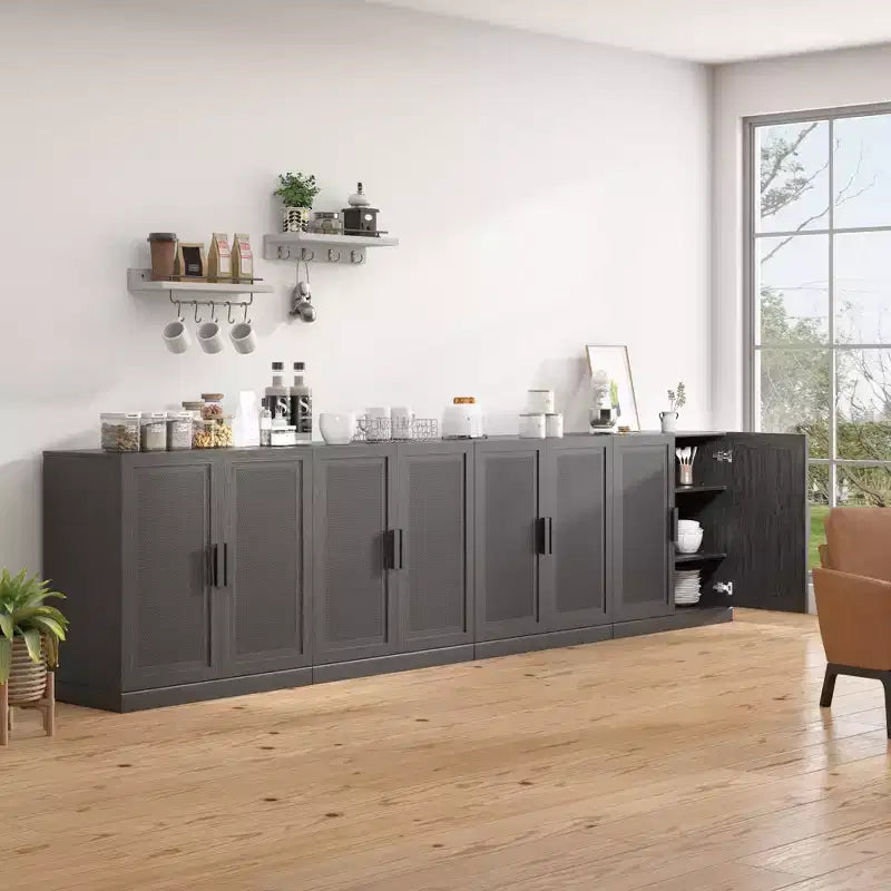 Bahut en grain de bois noir de 3,15 m de large, 8 portes en rotin, étagères réglables, capacité de 226 kg
