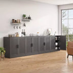 Bahut en grain de bois noir de 3,15 m de large, 8 portes en rotin, étagères réglables, capacité de 226 kg