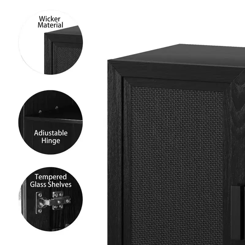 Bahut en grain de bois noir de 3,15 m de large, 8 portes en rotin, étagères réglables, capacité de 226 kg