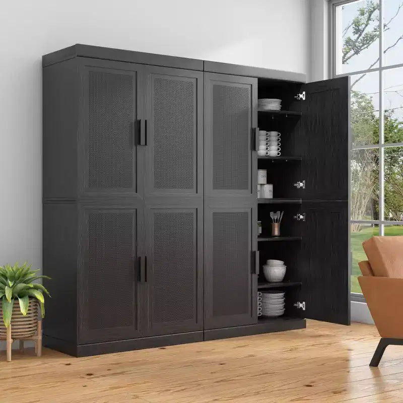Bahut en grain de bois noir de 3,15 m de large, 8 portes en rotin, étagères réglables, capacité de 226 kg