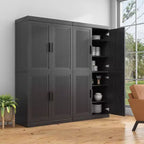 Bahut en grain de bois noir de 3,15 m de large, 8 portes en rotin, étagères réglables, capacité de 226 kg