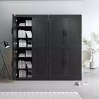 Bahut en grain de bois noir de 3,15 m de large, 8 portes en rotin, étagères réglables, capacité de 226 kg