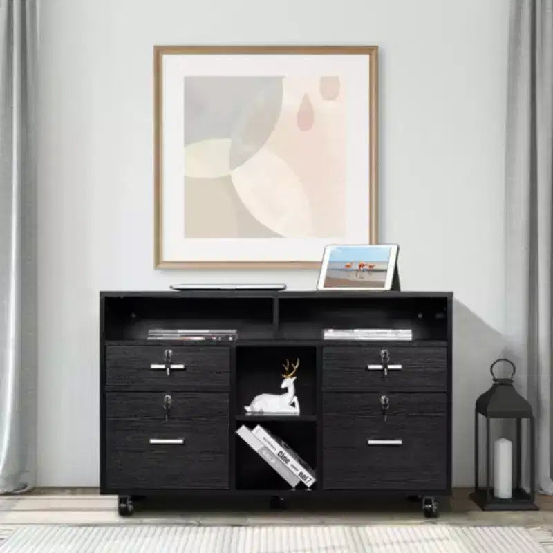 Classeur latéral à 4 tiroirs, 104 cm l MDF, 2 tiroirs pour dossiers + 4 étagères ouvertes, serrure à clé, roulettes verrouillables, noir