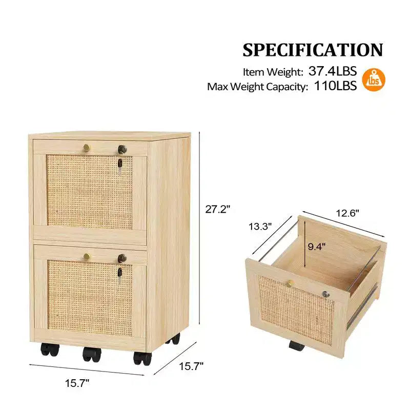 Classeur vertical à 2 tiroirs, MDF, design inspiré du rotin, tiroirs verrouillables, anti-basculement, beige, 38 cm de large