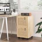 Classeur vertical à 2 tiroirs, MDF, design inspiré du rotin, tiroirs verrouillables, anti-basculement, beige, 38 cm de large