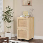 Classeur vertical à 2 tiroirs, MDF, design inspiré du rotin, tiroirs verrouillables, anti-basculement, beige, 38 cm de large