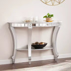 Console demi-lune effet miroir, argent, MDF + miroir, étagère fixe, supporte 18 kg, 76 cm H x 117 cm L x 46 cm P