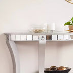 Console demi-lune effet miroir, argent, MDF + miroir, étagère fixe, supporte 18 kg, 76 cm H x 117 cm L x 46 cm P