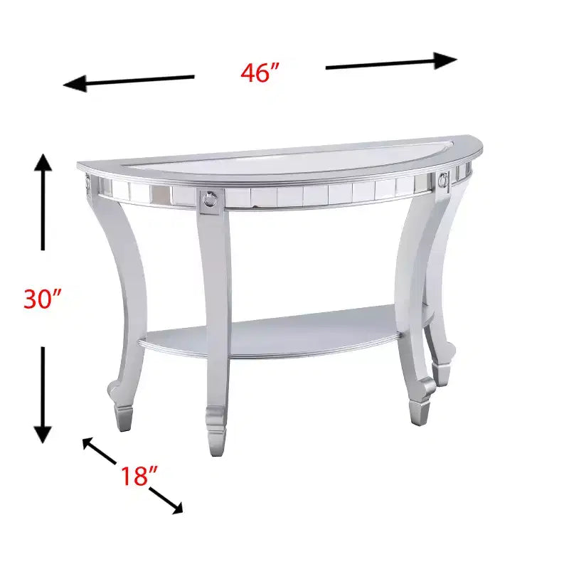 Console demi-lune effet miroir, argent, MDF + miroir, étagère fixe, supporte 18 kg, 76 cm H x 117 cm L x 46 cm P