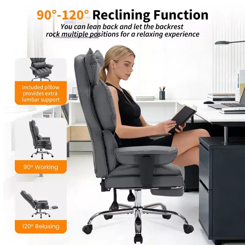 Chaise de bureau ergonomique à dossier haut avec repose-pieds, support lombaire et hauteur réglable