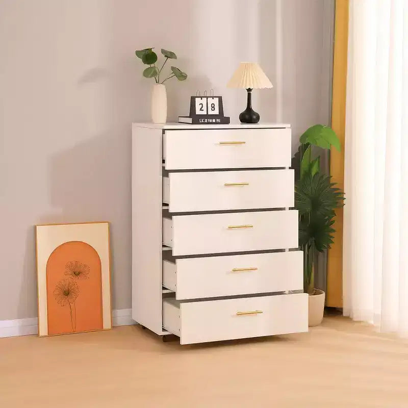 Armoire de rangement moderne à 5 tiroirs de 76 cm avec roulettes, blanc, capacité de 72,5 kg