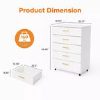 Armoire de rangement moderne à 5 tiroirs de 76 cm avec roulettes, blanc, capacité de 72,5 kg